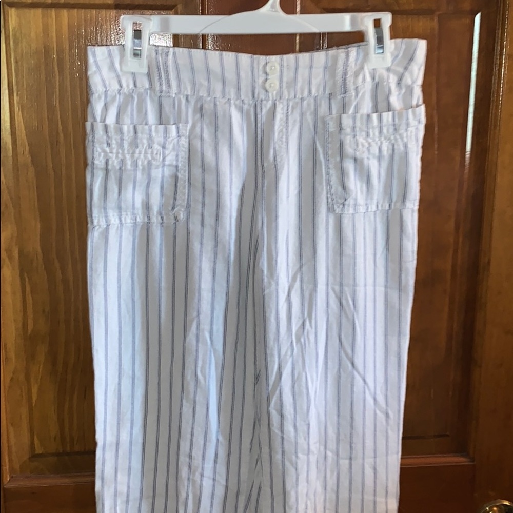 White linen with blue striped pants